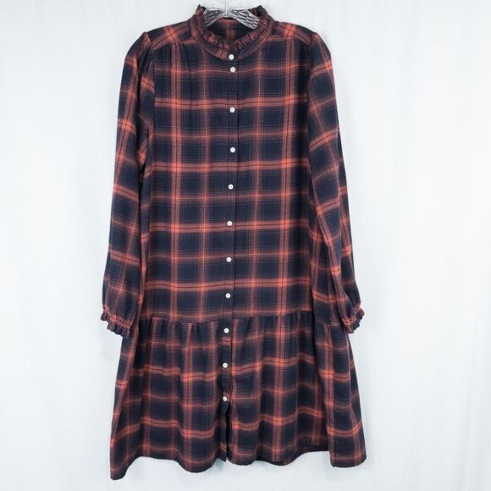 Loft Plaid Drop Waist Shirt Dress Small‎ Tall Navy Blue Coral Cottage Prairie